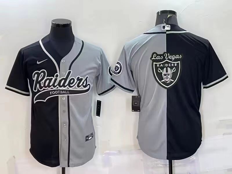 Men's Las Vegas Raiders Blank Black/Grey Split Team Big Logo With Patch Cool Base Stitched Baseball Jersey